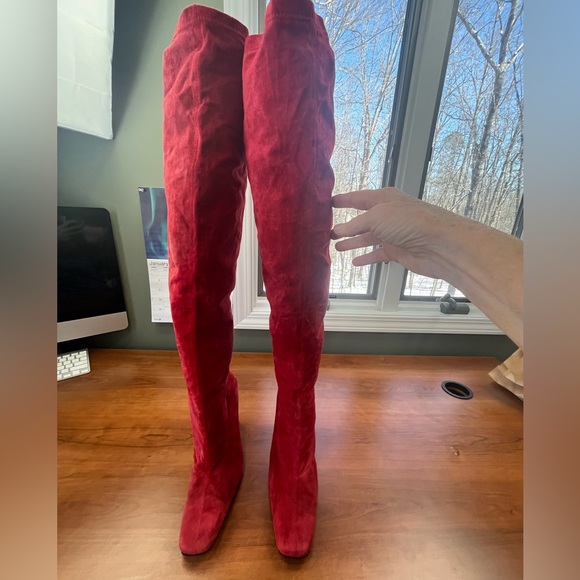 Shoes - Red Suede Leather Thigh High Heeled Boots Size 9